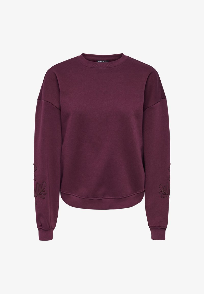 Sweat-shirt à manches longues col rond couleur prune foncée avec une broderie florale discrète sur le bas des manches et des poignets et un ourlet côtelé.