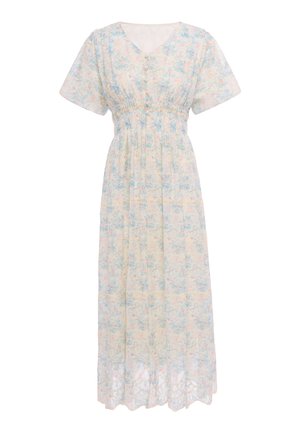 Light, floral-patterned maxi dress with short sleeves, elastic waist, buttoned front, and scalloped hemline.