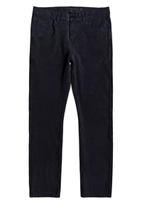 Jean en denim noir avec une coupe droite, design à cinq poches, fermeture à bouton et détails cousus le long de la couture. Étiquette de taille visible.
