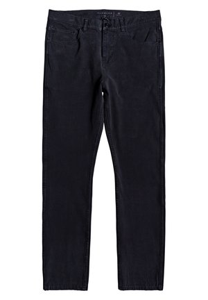 Schwarze Jeans aus Denim mit geradem Bein, Fünf-Taschen-Design, Knopfverschluss und genähten Details entlang der Naht. Größenetikett sichtbar.