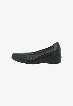 Scarpa con zeppa nera da donna con tomaia in pelle traforata e tacco solido, suola platform bassa, vista laterale.