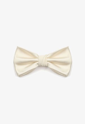 Crème satijnen vlindertie met een klassieke vorm, voorzien van een centrale knoopdetail en een gladde textuur, met een breedte van ongeveer 25 centimeter.