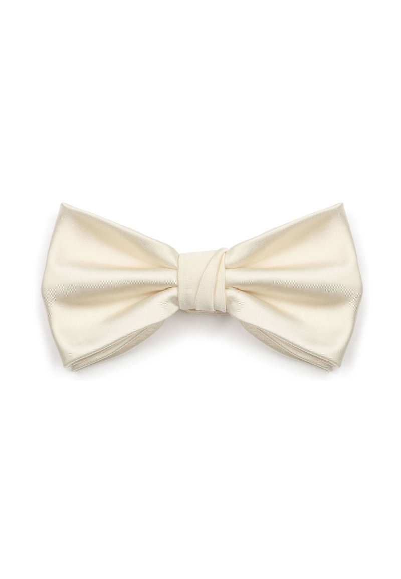 Crème satijnen vlindertie met een klassieke vorm, voorzien van een centrale knoopdetail en een gladde textuur, met een breedte van ongeveer 25 centimeter.
