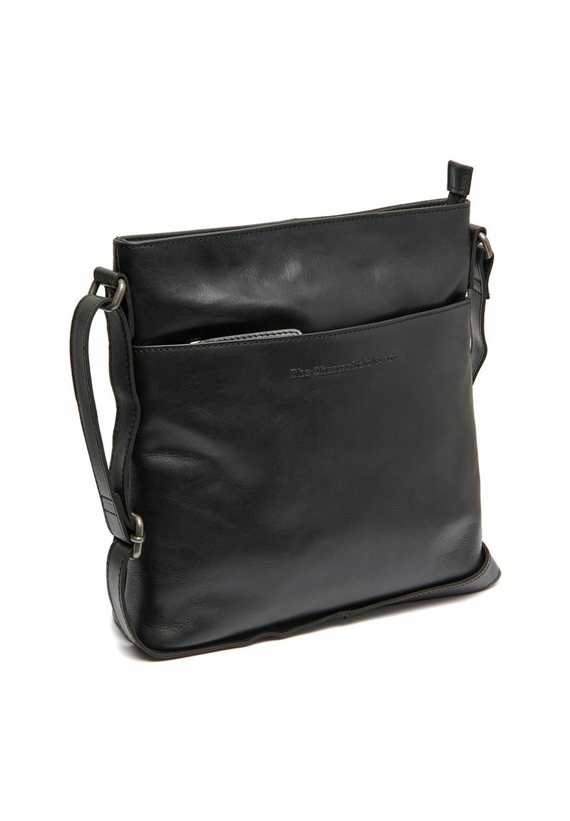 Borsa a tracolla in pelle nera con tracolla regolabile, tasca anteriore per smartphone e logo del marchio in rilievo discreto.