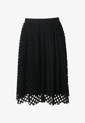 Gonna nera realizzata in pizzo testurizzato con ritagli circolari, dotata di una vita aderente e di un orlo a strati con bordo ondulato.