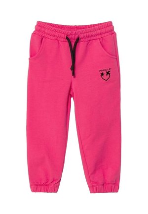 Pantaloni da jogging per bambini di un vivace colore rosa fucsia, con vita elasticizzata e polsini, cordoncino nero, tasche laterali e logo a forma di stella nera con cuore sulla coscia destra.