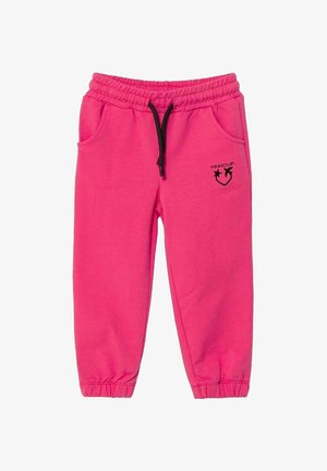 Pantaloni da jogging per bambini di un vivace colore rosa fucsia, con vita elasticizzata e polsini, cordoncino nero, tasche laterali e logo a forma di stella nera con cuore sulla coscia destra.