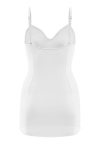 Witte mouwloze shapewear jurk met verstelbare bandjes, een V-halsontwerp, een gladde structuur en een nauwsluitende silhoeët.