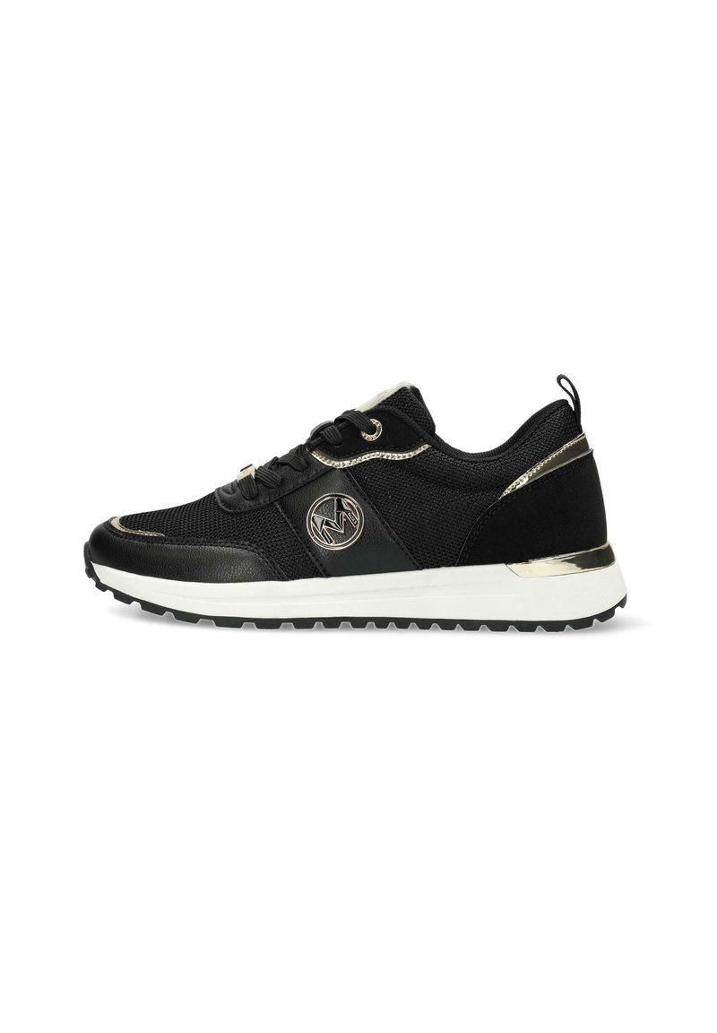 Black athletic shoes with a textured mesh upper, gold accents, a logo on the side, and a white sole featuring a patterned tread.