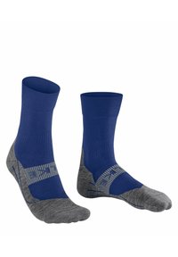 Blå sportstrumpor med ribbad mudd, grå häl och tå, förstärkt bågarstöd, och mönstrade detaljer på de grå områdena.