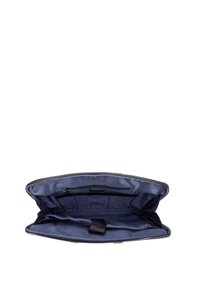 Navy blue laptop bag with a zipped closure, spacious interior, smooth lining, side pocket, and a secure strap for device stability.