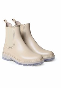 Beżowe wodoodporne botki za kostkę z elastycznymi bocznymi panelami, wykonane z gumowego materiału, o gładkiej teksturze i przezroczystej gumowej podeszwie z wzorem bieżnika.