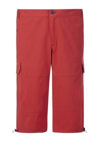 Rote Cargo-Shorts mit zwei Seitentaschen, Knopfverschluss und verstellbaren Kordeln am Saum. Hergestellt aus atmungsaktivem Material mit matter Oberfläche.