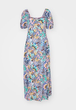 Floral print midi dress with puffed short sleeves and square neckline in pastel blue, pink, yellow, and green colors.