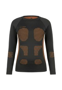 Black long-sleeve shirt with orange striped accents, featuring a fitted design and textured panels for enhanced support and style.