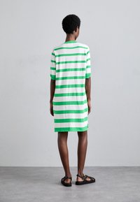 Abito a righe con strisce orizzontali verdi e bianche, maniche corte, vestibilità rilassata e scollatura verde unita. Indossato con sandali neri.