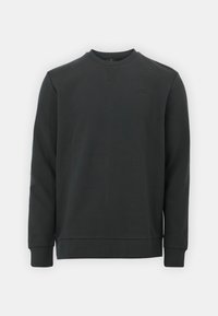 Sweatshirt negru realizat dintr-un amestec de bumbac, cu guler rotund, mâneci lungi și un logo discret pe piept. Textură netedă.