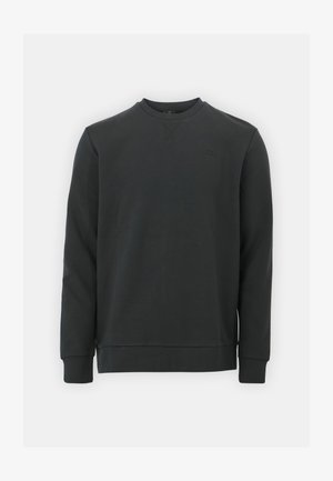 Sort sweatshirt lavet af en blanding af bomuldsstoffer, har rund halsudskæring, lange ærmer og et subtilt logo på brystet. Glat tekstur.