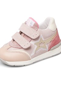 Kinder-Sneaker in Pink und Beige mit doppeltem Klettverschluss, Stern-Design an der Seite und weißer Sohle auf weißem Hintergrund.