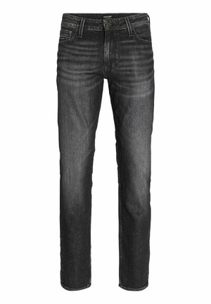 Black denim jeans with a straight fit, five-pocket design, subtle whiskering at the thighs, and contrast stitching along the seams.