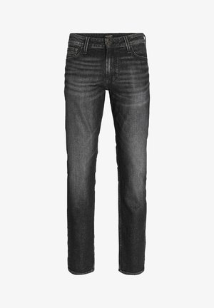 Vaqueros de denim negro con corte recto, diseño de cinco bolsillos, ligera decoloración en los muslos y costuras en contraste a lo largo de las costuras.