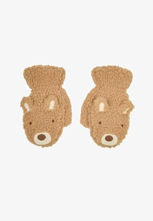 Bruine fleece wanten in de vorm van een berengezicht, met korte oren, geborduurde ogen en een neus. De zachte, gestructureerde afwerking verhoogt de warmte.