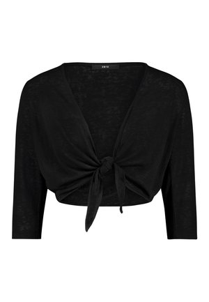 Sort kort cardigan med trekvartlange ærmer og bindedetalje foran.