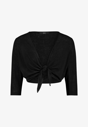 Cardigan noir raccourci avec manches aux trois quarts et détail de nœud à nouer à l'avant.