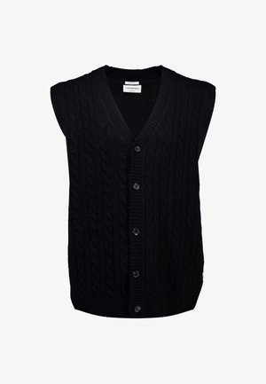 Schwarze, ärmellose Strickweste mit V-Ausschnitt, vorderer Knopfleiste und geripptem Saum. Mit strukturiertem Muster und glattem Stoff.