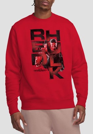 Red sweatshirt featuring a graphic design with bold black letters spelling "HULK" and images of the Hulk character from Marvel.
