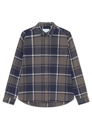 Long-sleeve plaid shirt in navy, beige, and white. Features a button front, a chest pocket, and a curved hem. Made of soft fabric.
