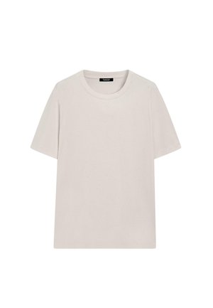 Kurzärmliges, Rundhals-T-Shirt in einem hellbeigen Farbton, aus weichem Baumwollmaterial mit glatter Textur und minimalistischem Design.