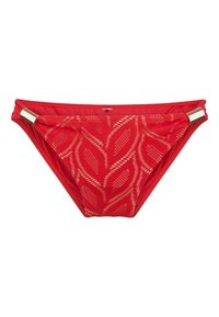 Rote Bikinihose mit Blattmuster, ausgestattet mit einer Netzstruktur und goldenen Hardware-Akzenten an der Seite für zusätzliche Details.