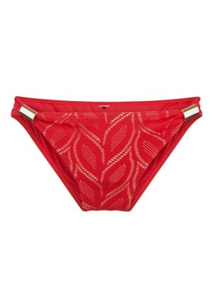 Parte inferiore di bikini rossa con motivo a foglia, dotata di una texture in rete e dettagli in oro sui lati per un tocco in più.