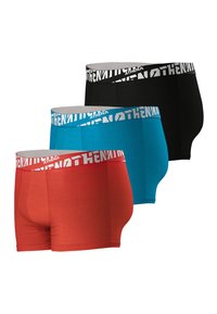 Boxer-briefs pour homme en rouge, bleu et noir. Matière en coton doux avec une taille élastique portant le logo "ATHENA" en blanc. Conception à ajustement sécurisé.