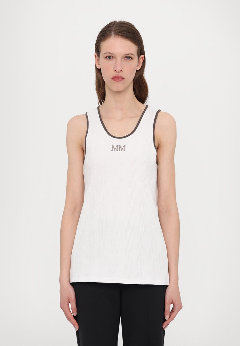 White ribbed tank top with a round neckline, featuring dark gray trim and embroidered "MM" logo on the chest. Fabric appears smooth.