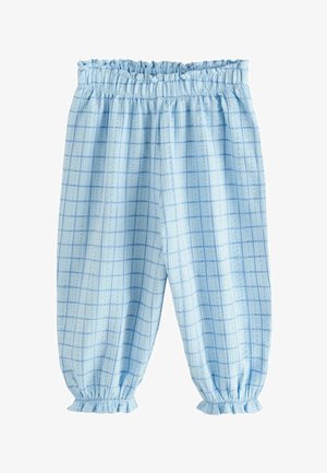 Svetlomodré elastické nohavice s elastickým pásom a členkami so vzorom tmavomodrej mriežky, voľného strihu a so zhlboka zhromaždenými lemy.