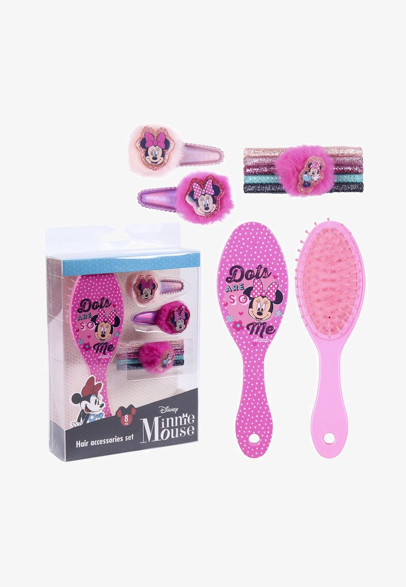 Minnie Mouse hair accessories set featuring a pink paddle brush with polka dots, two fuzzy clips, and five glittery hairbands in various colors.