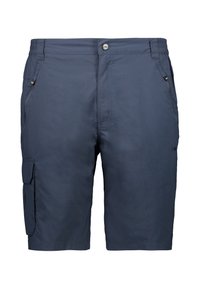 Cargo shorts di kain navy gelap, dilengkapi dengan kantong di samping, penutupan kancing snap, dan tekstur yang halus.