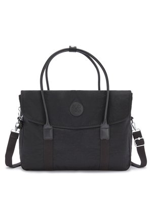Sac à main rectangulaire noir avec deux poignées, une fermeture à rabat, une bandoulière réglable et un patch logo circulaire au centre devant.