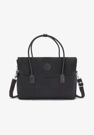 Sac à main rectangulaire noir avec deux poignées, une fermeture à rabat, une bandoulière réglable et un patch logo circulaire au centre devant.