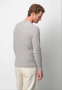 Helles graues gestricktes Sweatshirt mit langen Ärmeln, Rundhalsausschnitt und strukturiertem Muster, kombiniert mit cremefarbenen Hosen, von hinten gesehen.