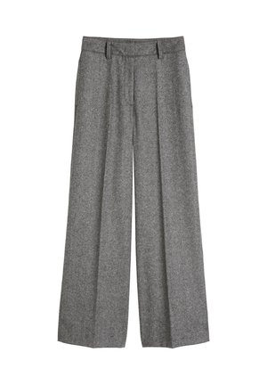 Grijze wollen wijdvallende pantalon met riemlussen en geplooide voorkant, ontworpen voor een ontspannen, tailor-made pasvorm.