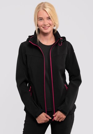 Black softshell jacket with pink accents, a hood, zippered pockets, and a fitted design. Smooth texture and lightweight material.