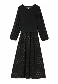 Schwarzes Kleid mit ribbedem Oberteil und langen, gepufften Ärmeln. Der Rock hat ein fließendes Design mit kleinen goldenen Mustern.