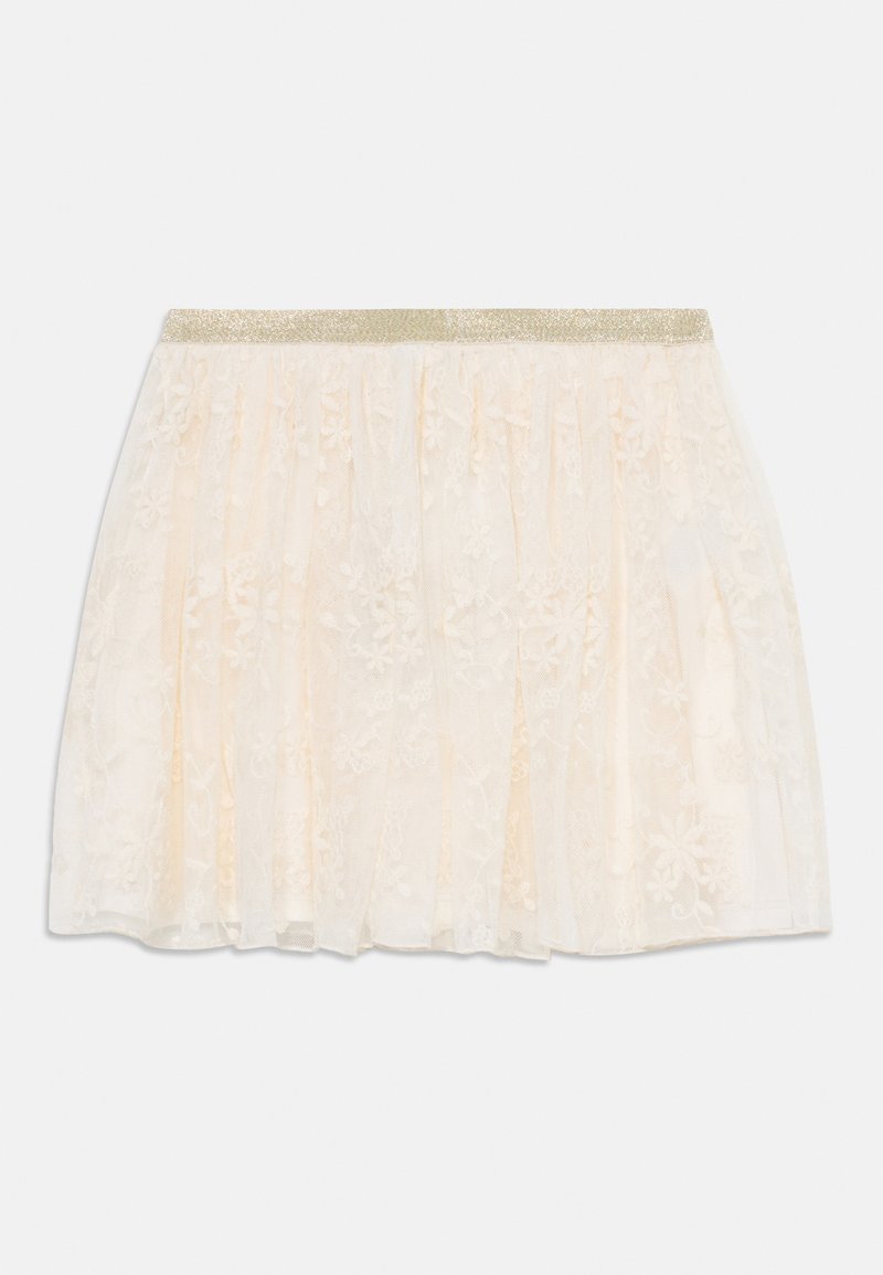 Helle cremfarbene Spitzenrock mit einem geschichteten Design und einem glitzernden goldenen elastischen Bund. Zarte florale Muster im gesamten Stoff.