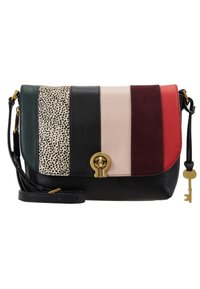 Crossbody taske med stribet design. Udstyret med grønne, sorte, hvide, pink, burgunder og røde læderpaneler. Gyldne detaljer og nøgleaccent.