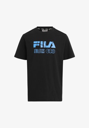 T-shirt in cotone nero con logo blu "FILA ATHLETICS", maniche corte e colletto rotondo con bordi a contrasto.