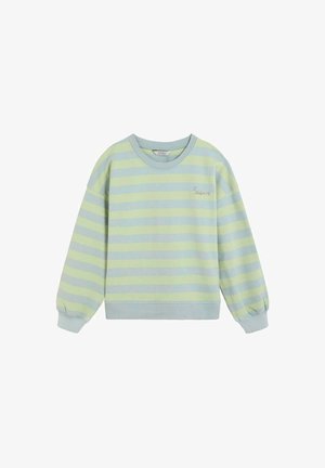 Sudadera de manga larga con rayas horizontales en azul claro y amarillo pálido, con puños, bajo y cuello redondo de canalé, logo bordado en el pecho izquierdo.