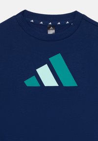 Tamsiai mėlynas sportinis megztinis su dideliu melsvai žaliu ir baltu Adidas logo. Raštuota apykaklė su trimis baltais trikampiais akcentais gale.